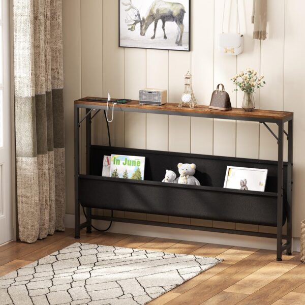 47.2'' Skinny Console Table with Charging Station and Storage, Narrow Sofa Table with Power Outlets and USB Ports, Behind Couch Table, for Living Room, Foyer, Entryway, Hallway, Rustic Brown 2 Console Table