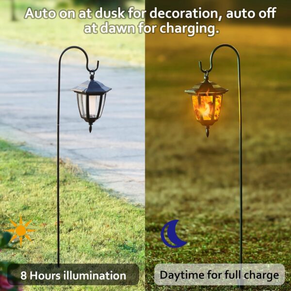 6 Pack Solar Flame Hanging Lights Outdoor, Solar Flickering Flame LED Garden Lanterns with 6 x 38 Inch Shepherd Hooks, Landscape Lighting Waterproof for Lawn Patio Yard Pathway Driveway 2 Lanterns