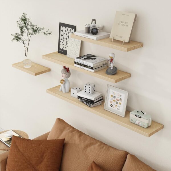 Natural Wood Floating Shelves, 48 Inch Floating Shelf Set of 1, Solid Ash Wood Floating Shelves, Rustic Raw Wood Shelves for Living Room Bedroom Kitchen Home Office - Natural 2 Shelves