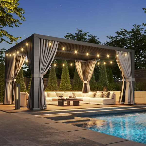 Louvered Pergola 12' x 16' Outdoor Aluminum Pergola Adjustable Roof, with Waterproof Curtains and Nets, for Decks, Gardens, Gray 2 Pergola