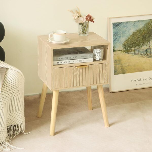 Small Nightstand Wood Bedside Table with Drawer, Modern End Table for Bedroom and Small Spaces, Solid Wood Legs, Easy Assembly, Natural 2 Table