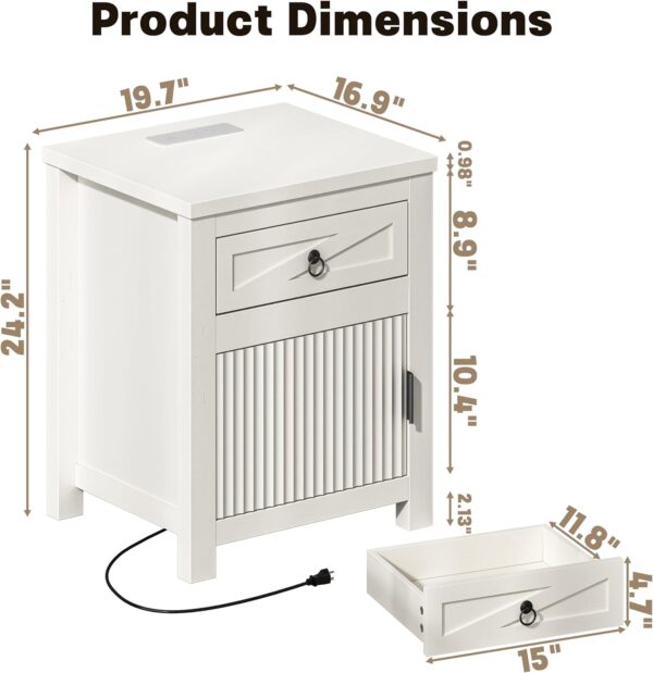 Nightstands Set of 2, White Fluted Nightstand with Charging Station, a Drawer, Bed Side Table End Table with Storage, Small Modern Wood Bedside Night Stand for Bedroom Living Room Sofa Couch 2 Charging