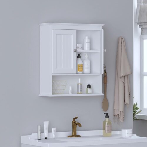 Bathroom Cabinet Wall Mounted with Doors, Wood Hanging Cabinet with Doors and Shelves Over The Toilet, Bathroom Wall Cabinet White