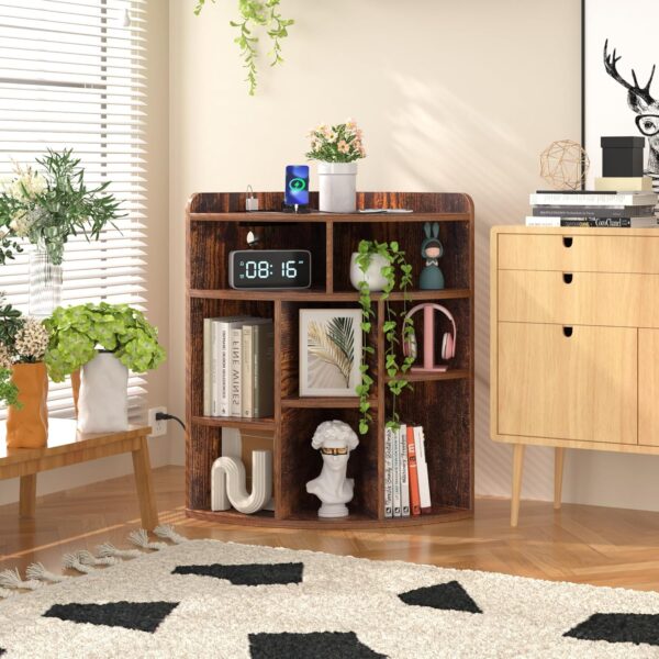 Corner Cube Shelf with USB Ports & Outlets, Modern Corner Toy Storage Rack with Charging Station, Wooden Display Bookshelf Bookcase for Living Room, Bedroom, Dining Room, Kitchen, Brown 2 Corner Cube Shelf