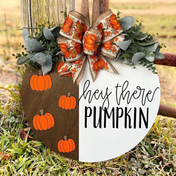 Hey There Pumpkin Welcome Hanging Sign Front Door Decor Fall Decorative Wooden Welcome Sign Rustic Porch Decoration for Home Office Garden Farmhouse 12 Inch 3 Pumpkin