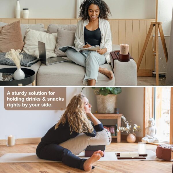 Couch Cup Holder Tray, 3 in 1 Bamboo Couch Arm Tray with 360° Rotating Cup Holder & Phone Stand, Foldable Sofa Arm Rest Tray Table for Remote/Snacks/Phone/Drinks Walnut 3 Cup
