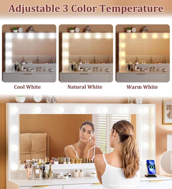 Vanity Desk with Large Mirror and Lights, 45.3in Makeup Vanity with Power Outlet 9 Drawers & Storage, 3 Lighting Color Adjustable, White Vanity Desk for Bedroom 3 Desk
