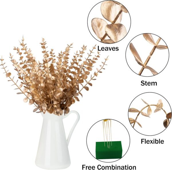 36 Pcs Gold Eucalyptus Stems Artificial Leaves Faux Eucalyptus Stems Branches 15 inch for Wedding Bouquet Home Decor 3 Eucalyptus