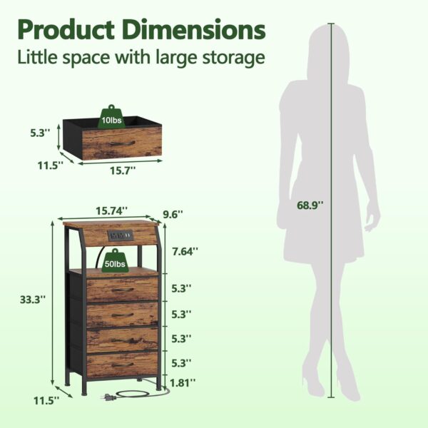 Night Stand with Charging Station, Small Dresser with 4 Fabric Drawers, 33.3 Inch Tall Bedside Table, Storage Tower for Closet, Entryway, Bedroom Furniture, 3 Ways to Use, Rustic Brown 3 Nightstand