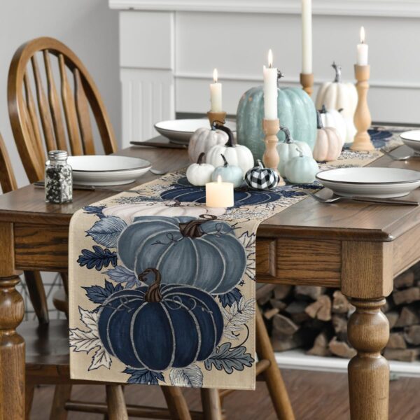 Blue and White Porcelain Pumpkin Ink 210 GSM Fall Table Runner, Seasonal Autumn Kitchen Dining Table Decoration for Home Party Decor 13x108 Inch 3 Table Runner