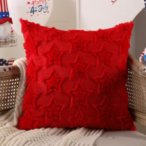 3 4th of July Pillow Covers 18x18 inch Set of 2 4th of July Decor Red Stars Decoration Red Soft Plush Faux Fur Jacquard Throw Pillows Independence Day Decorations for Home Sofa PTK028B18