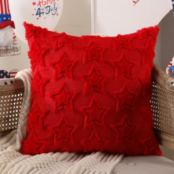 4th of July Pillow Covers 18x18 inch Set of 2 4th of July Decor Red Stars Decoration Red Soft Plush Faux Fur Jacquard Throw Pillows Independence Day Decorations for Home Sofa PTK028B18 1 July Pillow Covers