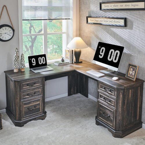 59" L Shaped Executive Desk with Drawers,Farmhouse Wood Computer Desk, Featuring Charging Station,File Drawer, Storage Cabinet,for Home Office Work and Study (Dark Rustic Oak)