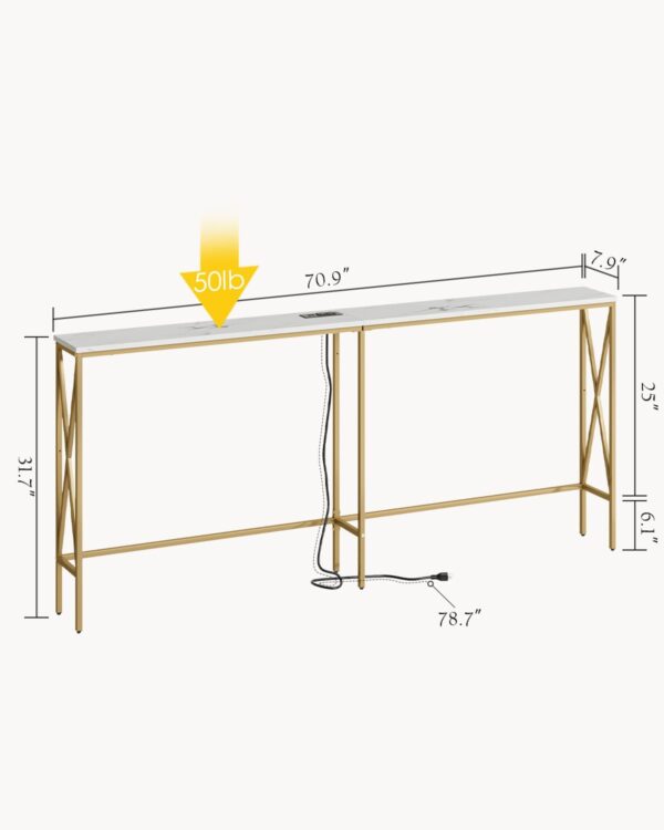 70.9" Console Table with Power Outlet, Modern Narrow Long Sofa Table Behind Couch, Skinny Entry Table, Industrial Sofa Table with Metal Frame for Hallway, Living Room, Marble White 3 Console Table