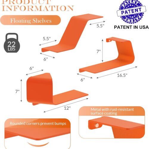 Floating Shelves, Wall Shelf, Set of 3 Wall Mounted Metal Shelves with Unique Design for Wall Storage, Book Shelf, Display Shelves for Bathroom Bedroom Kitchen Living Room for Home Orange