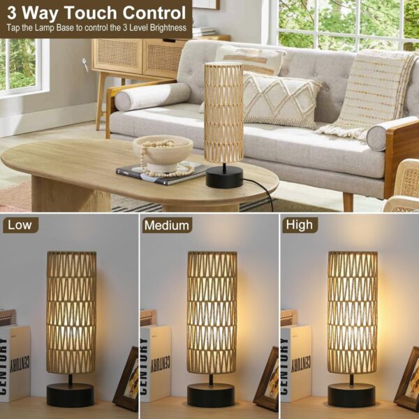 Rattan Table Lamp, Touch Control Bedside Table Lamp with Black Base, 3 Way Dimmable Nightstand Lamp with Dual-Layer Shade, Boho Night Light for Bedroom Living Room Home Office, 9W LED Bulb Included 3 Table Lamp