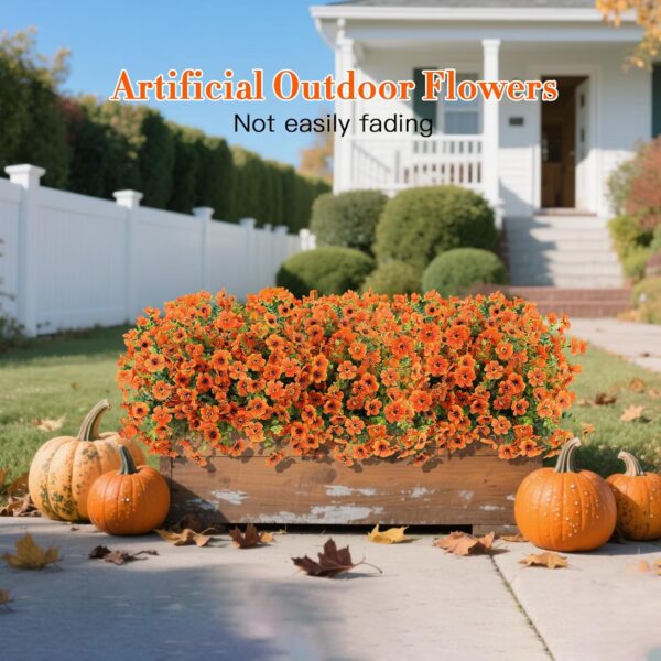 4 Bundles Fall Flowers Artificial for Decoration Outdoors, Fake Plants Autumn, Mums Daisy Eucalyptus Realistic UV Resistant for Garden Patio Porch Home Decor, Orange 3 Flowers