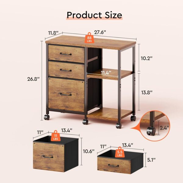 3 Drawer File Cabinet with Wheels Rolling Printer Stand with Open Storage Shelf Fabric Lateral Filing Cabinet for Home Office,Rustic Brown2 5 Cabinet