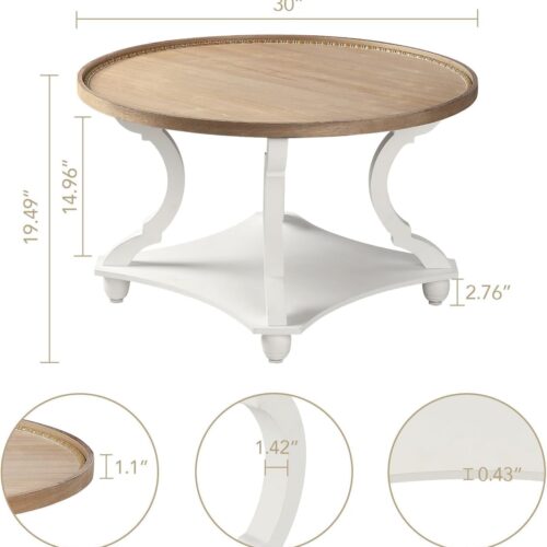 3 Farmhouse Round Coffee Table, Wood Tray Top Circle Coffee Table with Storage Shelf Rustic Style for Living Room and Vintage Finish, White