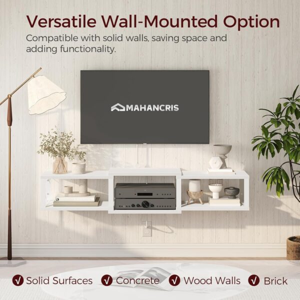 Floating TV Stand with Power Outlet, Wall-Mounted Entertainment Console Center with Storage, Floating TV Shelf for Under TV Storage, for Living Room, Bedroom, White TVBW101E01 4 Outlet