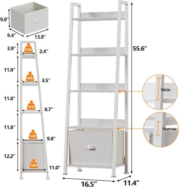5-Tier White Ladder Shelf, Ladder Bookshelf with Removable Drawer, Mordern Bookcase Storage Rack Organizer, Wood Metal Freestanding Storage Shelves for Living Room, Home Office, Bedroom 5 Shelf