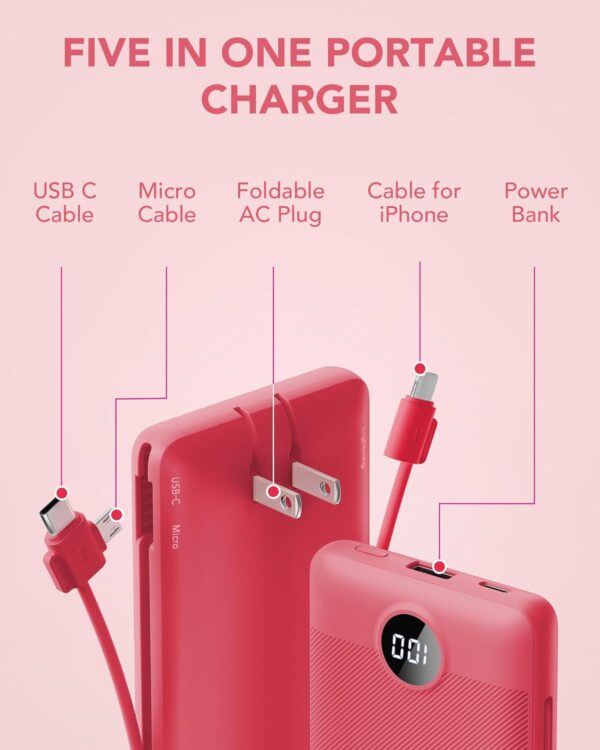 Portable Charger Built-in Cables and AC Wall Plug, VRURC USB C Power Bank 10000mAh, Travel Battery Portable Phone Charger Compact Lightweight External Battery Pack for SmartPhones,Tablets-Viva Magenta 3 Built-in