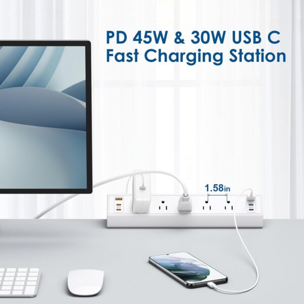 Desk Clamp Power Strip USB C,75W Total Fast Charging Station,45W and 30W USB-C Ports,Desk Edge Mount Power Strip 6-USB Ports,5 AC Outlets Tabletop Surge Protector,Fit 1.6" Tabletop Edge,White 3 Clamp