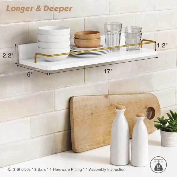 Gold Floating Shelves for Wall Decor Set of 3, Bathroom Shelves Over Toilet, Modern Display Wall Shelf with Guard Rail for Living Room Bedroom Organizers and Storage - White and Gold 3 Floating
