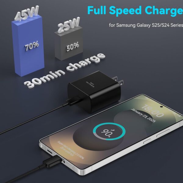45W Super Fast Charger USB C Android Phone Type C Charger Fast Charging Block with 6.6FT Charge Cord for Samsung Galaxy S25 Ultra/S25+/S24 Ultra/S24+/S23 Ultra/S23+/S22 Ultra/S22+/S20 Ultra/Note 10+ 3 Charger