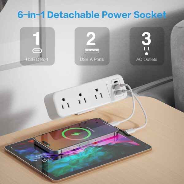 3 Outlet Desk Clamp Power Strip with USB C, White Flat Plug Desktop Edge Power Strip, Desk Mount Clamp Socket Connect 6.5 ft Thin Extension Cord for 1.6 inch Tables. 3 Clamp