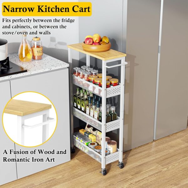 Utility Slim Storage Cart, 4 Tier Small Rolling Kitchen Laundry Room Cart with Wood Top, Metal Narrow Bathroom Storage Cabinet Mobile Shelf Unit Organizer Trolley with Handle for Narrow Space 5 Cart