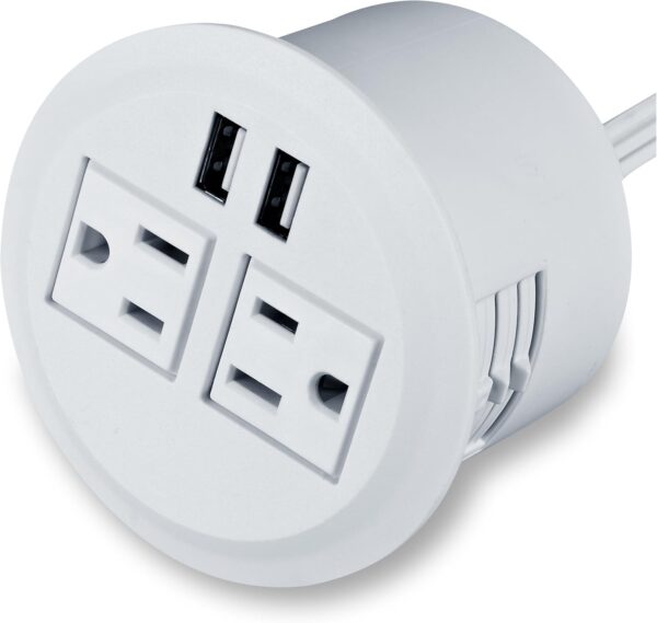 Desktop Power Grommet Power Outlet Socket Desk Data Center 2 Outlet with 2 USB Ports with 10 FT Extension Cord(White) 3 Power