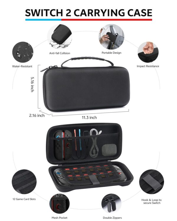 Switch 2 Accessories, Carrying Case & Screen Protector for Nintendo, 16-in-1 Game Bundle: Two Tempered Glass, Travel Dockable Shell, Grip for Joycon Controller, Console Protective Cover Steering Wheel 3 Accessories