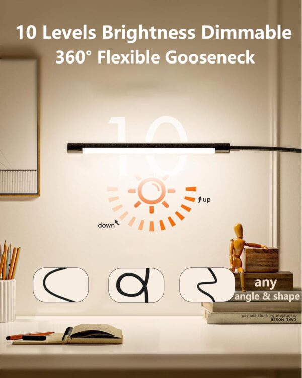 Clip on Light -3 Color Modes&10 Brightness LED Reading Desk Light with Clamp Flexible Gooseneck Book Light for Kids' Bedtime Reading, Zoom Meetings, Clip on Table, Headboard, Dorm&Office Use 3 Clip