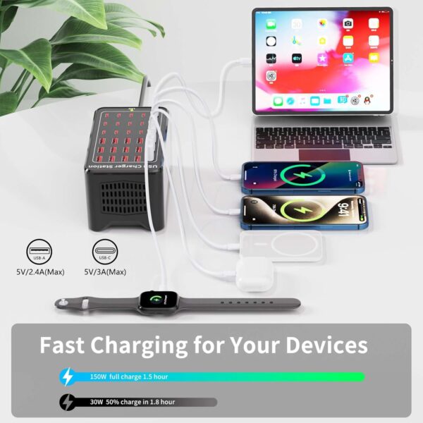 150W(30A) USB Charging Station, 30-Port USB C Charger Block, Multiple Desktop/Wall Fast Charger with Intelligent Protection Compatible with iPhone, iPad, Tablets, Smartphones 3 USB