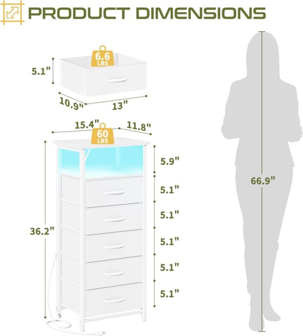 5 Drawers Dresser for Bedroom, Tall Nightstand with Charging Station, Fabric Dresser for Closet with Storage Shelf, Vertical Dressers Chest LED Night Stand, Bedside Table for Dorm Living Room 5 Nightstand