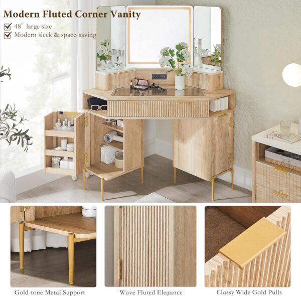 48'' Fluted Makeup Vanity Desk with HD Triple Mirror and Lights 3
