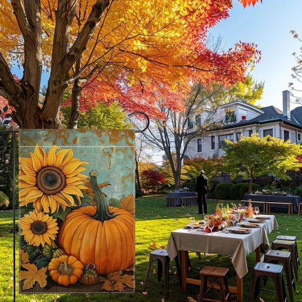Fall Pumpkin Sunflower Garden Flag for Outside 12x18 Inch Double Sided 3
