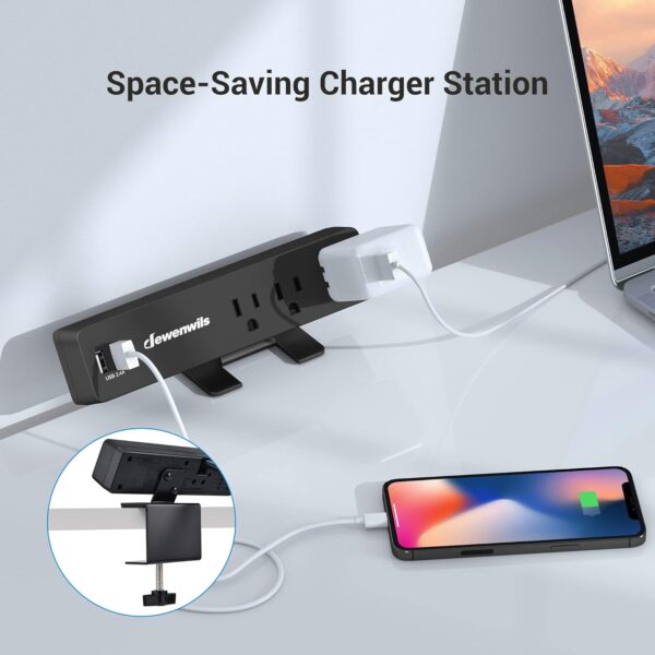 Desk Clamp Power Strip, Desktop Power Station with 3 AC Outlets(15A/1800W), 2 USB Ports, Desk Mount Power Outlet for Home, Office, 6Ft 14/3C SJT Extension Cord 3 Clamp