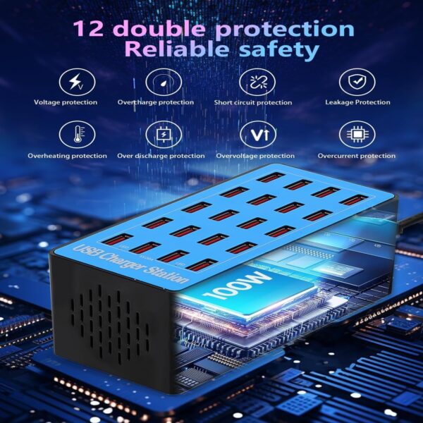 100W 20-Port Multi-Device USB Charging Station - Supports simultaneous Charging for Smartphones, Tablets, smartwatches and Other USB-Powered Devices.(20 Port Charger Station-Blue) 3 USB