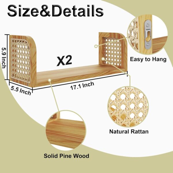 Rattan Shelf Set of 2, Cute Nursery Shelves Wall Mounted, Natural Hanging Bookshelf Storage, Boho Decorative Floating Shelves for Kids Room, Living Room, Play Room, Bedroom, Home Decor 5 Shelf