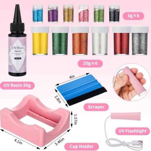 4 Pack Snow Globe Tumbler Supplies Kit 16oz DIY Pre Drilled Double Wall Glass Cup 12 Colors Glitter Squeeze Bottle Funnel Tweezer Bent Syringe UV Resin Flashlight Cup Holder Scraper(Log Color)