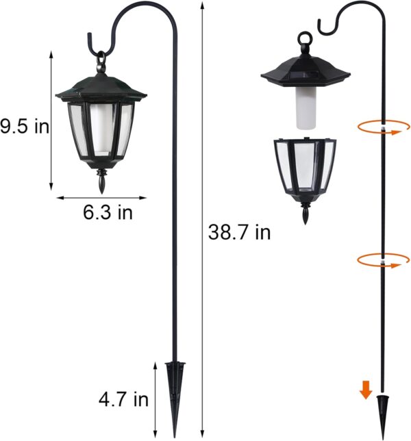 6 Pack Solar Flame Hanging Lights Outdoor, Solar Flickering Flame LED Garden Lanterns with 6 x 38 Inch Shepherd Hooks, Landscape Lighting Waterproof for Lawn Patio Yard Pathway Driveway 5 Lanterns