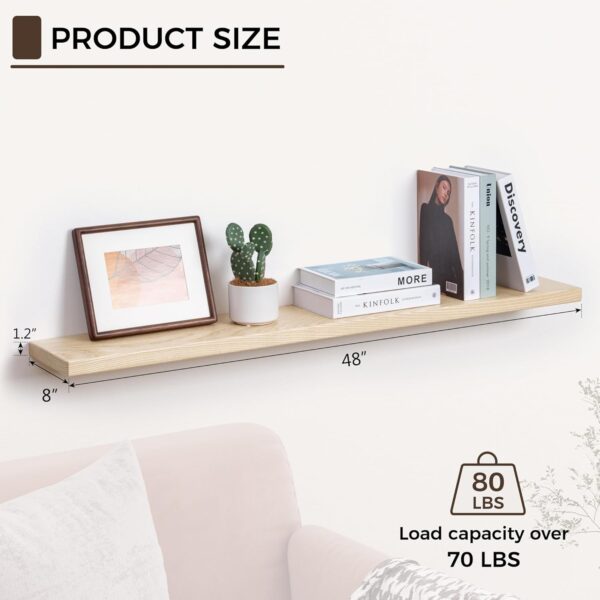 Natural Wood Floating Shelves, 48 Inch Floating Shelf Set of 1, Solid Ash Wood Floating Shelves, Rustic Raw Wood Shelves for Living Room Bedroom Kitchen Home Office - Natural 5 Shelves
