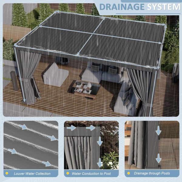 Louvered Pergola 12' x 16' Outdoor Aluminum Pergola Adjustable Roof, with Waterproof Curtains and Nets, for Decks, Gardens, Gray 3 Pergola