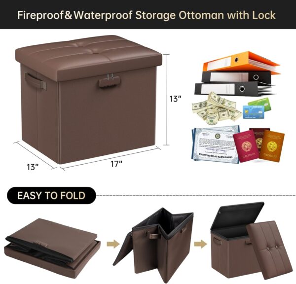 Storage Ottoman Foot Rest Stool with Lock & Handle, Fireproof Folding Leather Footstool Bench with Storage Safe for Living Room Bedroom, Home Office, Dorm, 17x13x13in, Brown 3 Ottoman