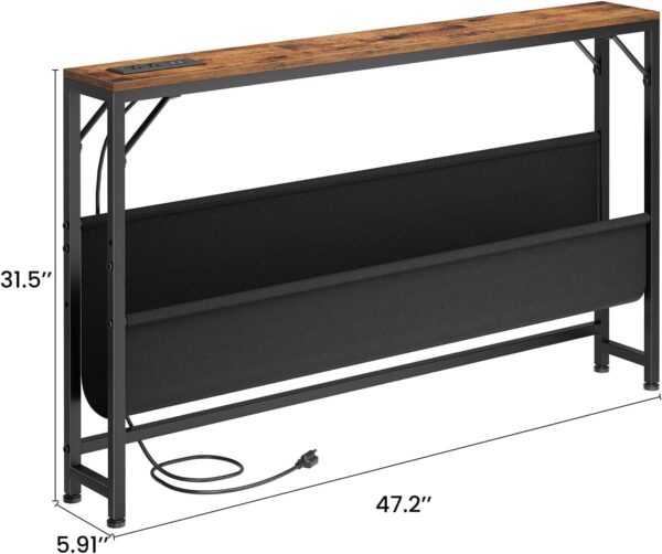 47.2'' Skinny Console Table with Charging Station and Storage, Narrow Sofa Table with Power Outlets and USB Ports, Behind Couch Table, for Living Room, Foyer, Entryway, Hallway, Rustic Brown 3 Console Table
