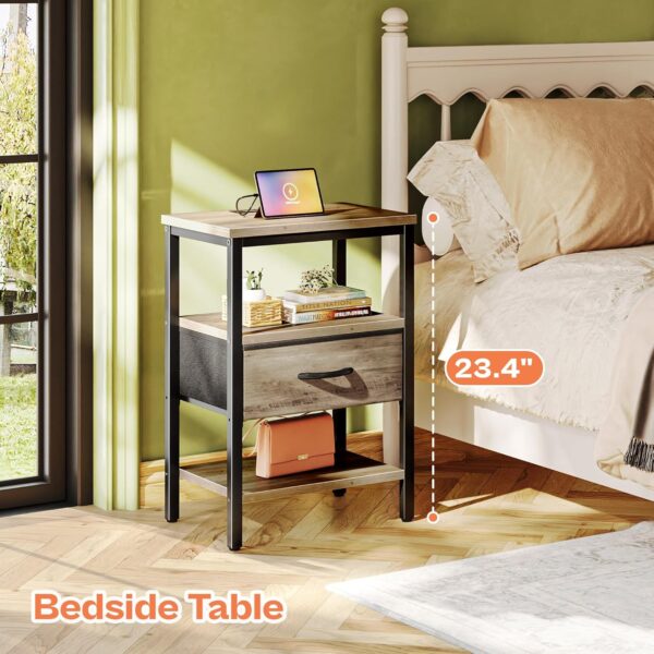 Nightstand with Charging Station, Bed Side Table with Adjustable Fabric Drawer, Night Stand for Bedroom, 3-Tier Storage End Table, for Living Room, Oak 3 Nightstand