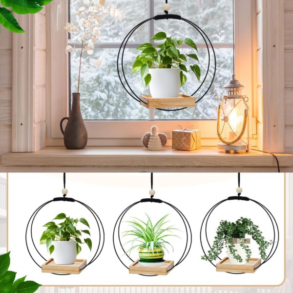 4 Pack Plant Hanger with Wood Base Hanging Window Planter Boho Macrame Hanging Potted Plant Holders for Indoor Outdoor Window Wall Ceiling Home Decoration, Pot & Sapling Not Included(Black) 3 Hanger