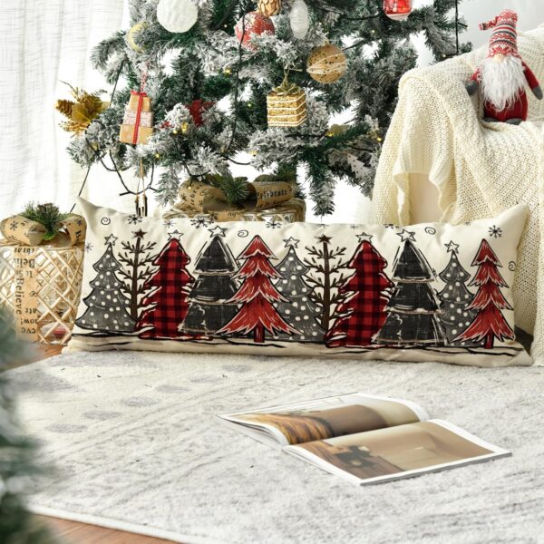 Watercolor Red and Black Buffalo Plaid Christmas Trees Long Lumbar Pillow Cover 14 x 36 Inch, Winter Holiday Long Body Pillow Case for Bed Sofa Bench 4 Cover